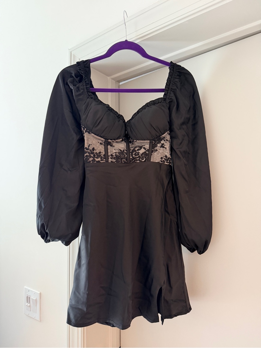 Selfie Leslie Trophy Sleeve Lace Bodice Mini Dress Black